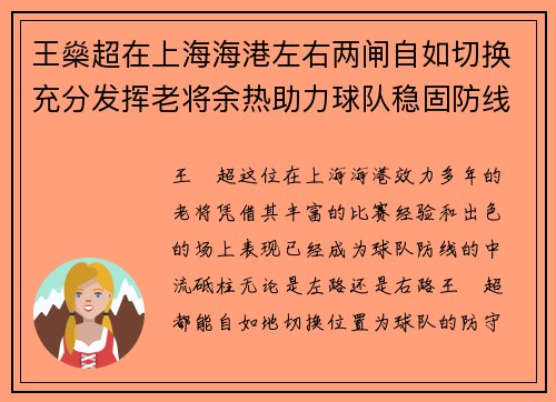 王燊超在上海海港左右两闸自如切换充分发挥老将余热助力球队稳固防线